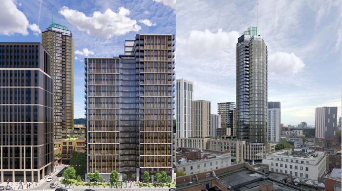 Before an after of an renewed urban space with large tower buildings