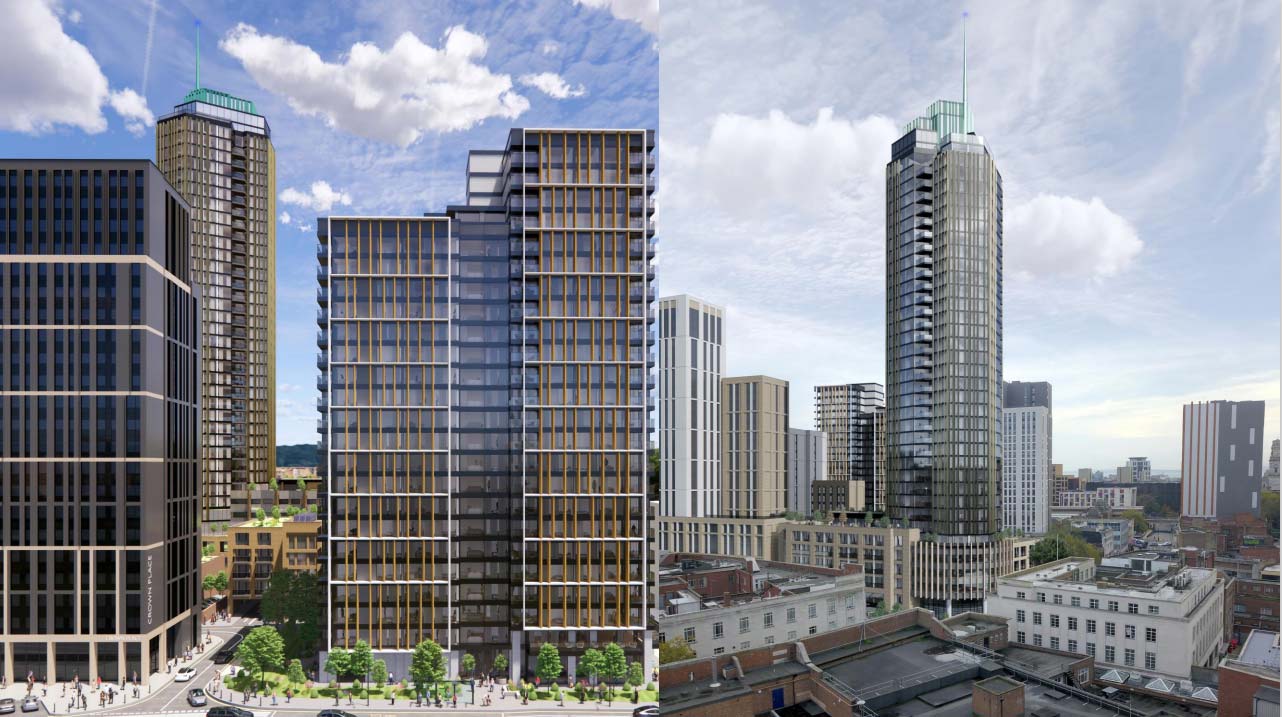 Before an after of an renewed urban space with large tower buildings