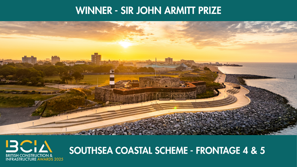 Winners banner with Portsmouth sea defences in